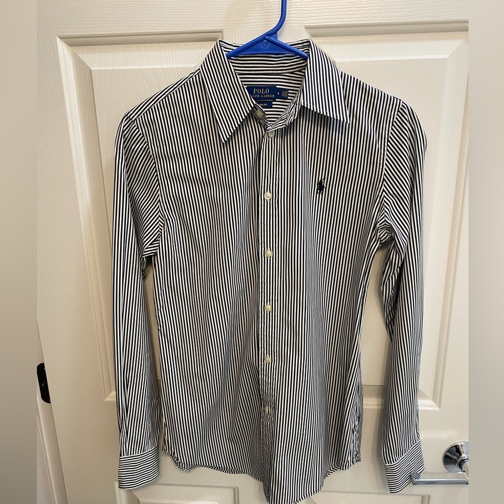 Polo Ralph Lauren button down shirt size 4. Black and white vertical stripes.